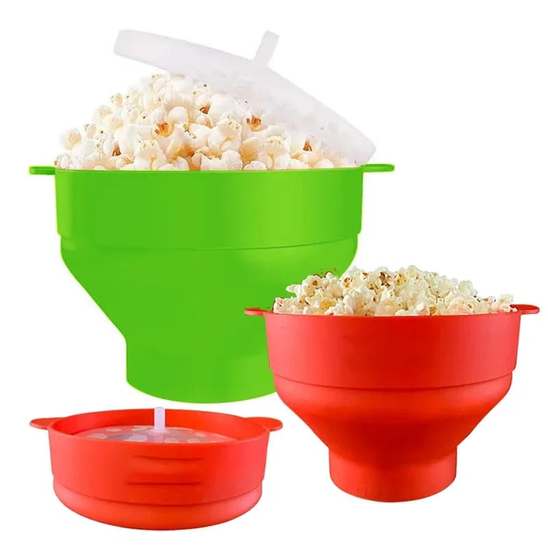Hopfällbar popcornskål i silikon för mikrovågsugn med lock