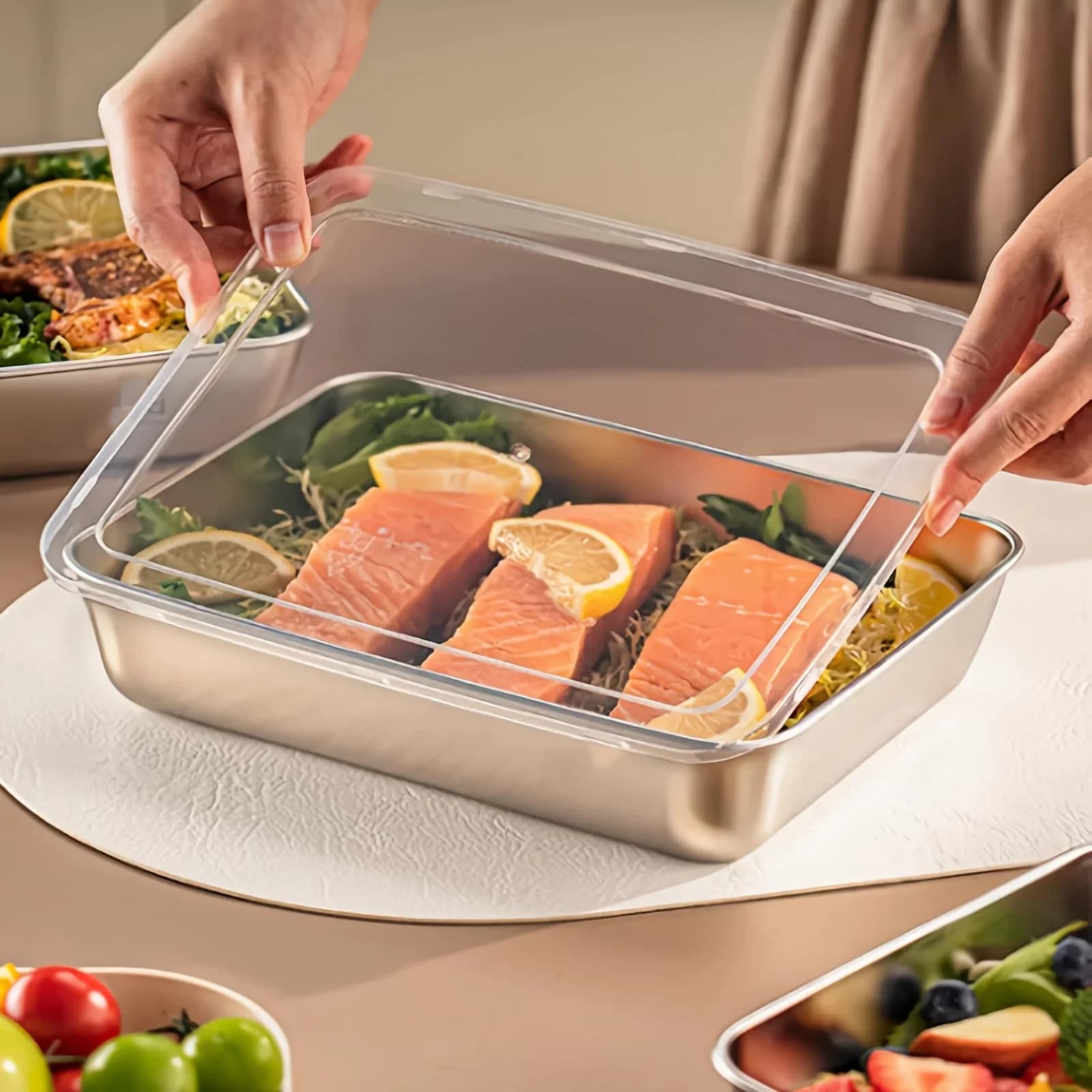 3-pack matlådor i rostfritt stål med transparenta lock – läcksäkra och stapelbara