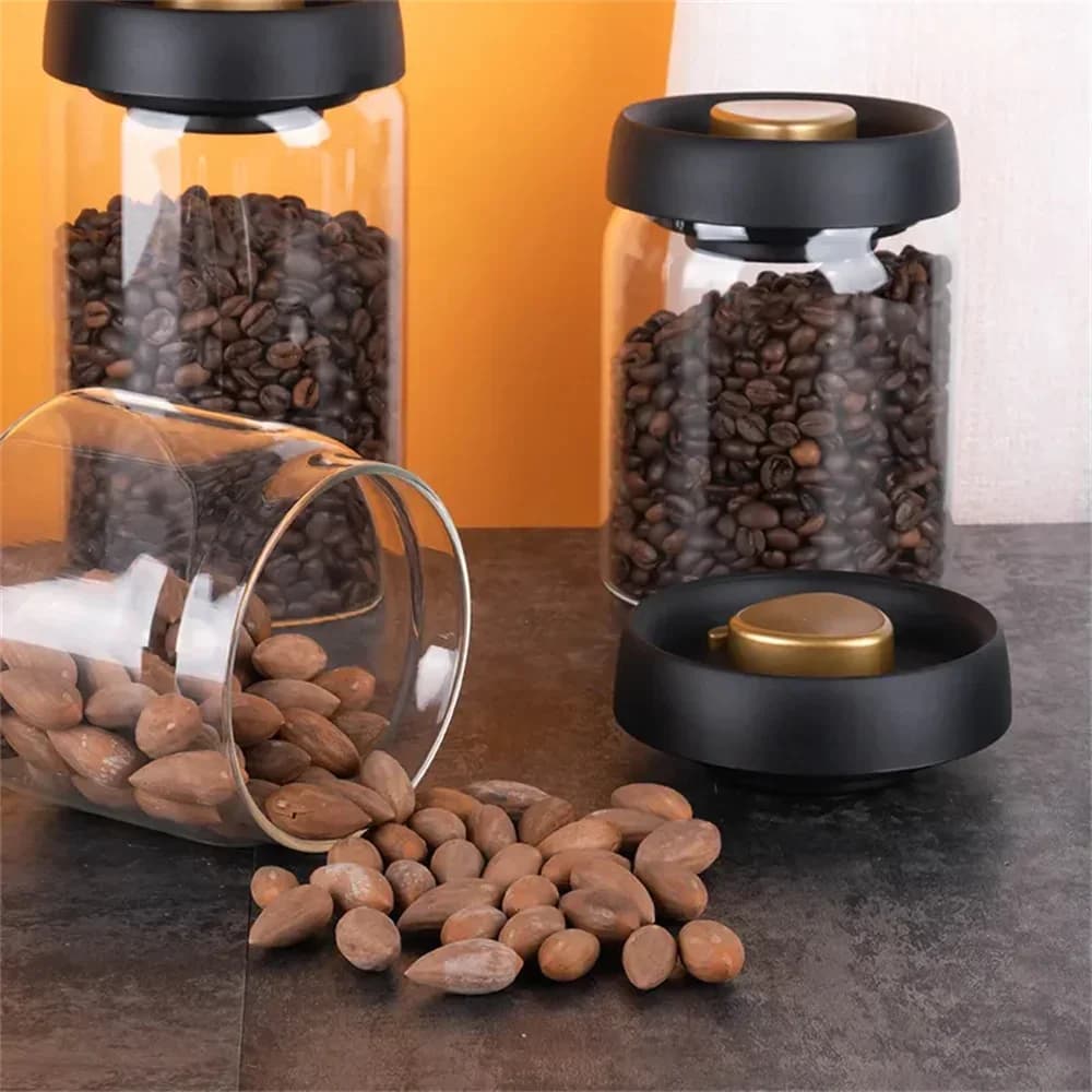Vakuumförsluten förvaringsburk i glas för kaffebönor och livsmedel