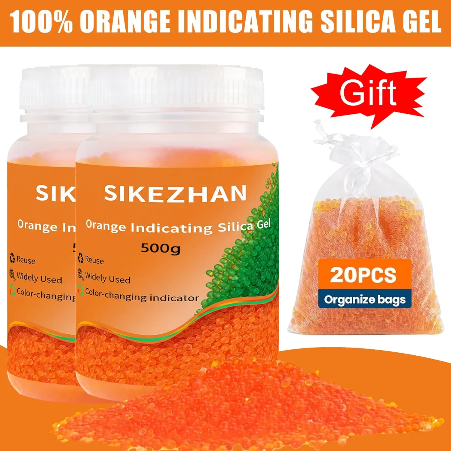Silikagel torkmedel 1000 g med indikator blå/orange återanvändbara fuktabsorberande pärlor med 20 st påsar