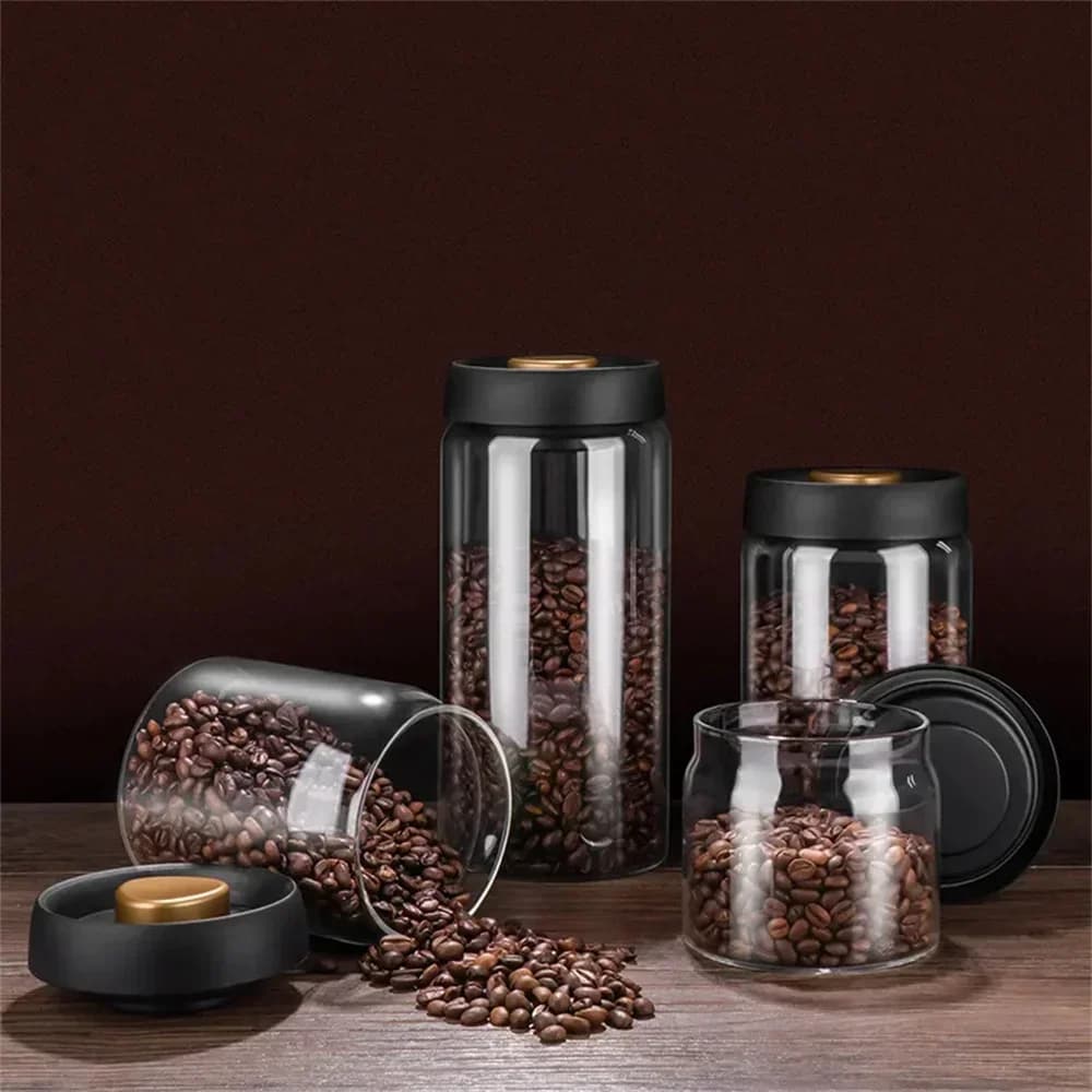 Vakuumförsluten förvaringsburk i glas för kaffebönor och livsmedel