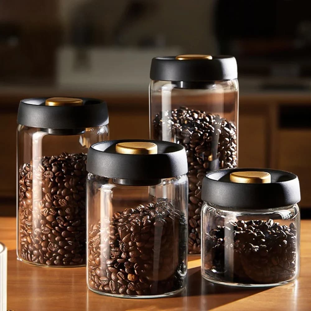 Vakuumförsluten förvaringsburk i glas för kaffebönor och livsmedel
