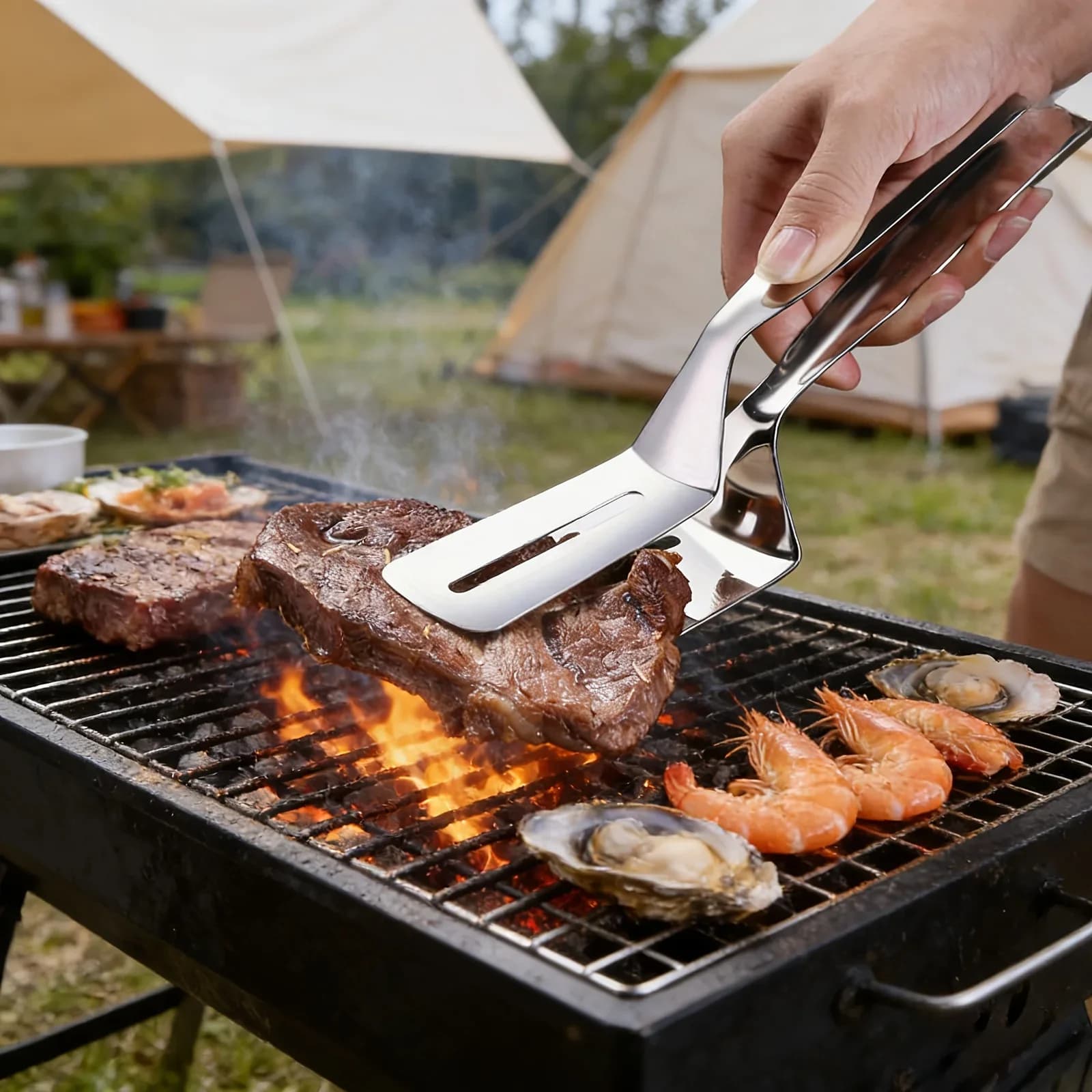1/2/4-pack Stekspade och tång i rostfritt stål – Kökstång för kött och fisk