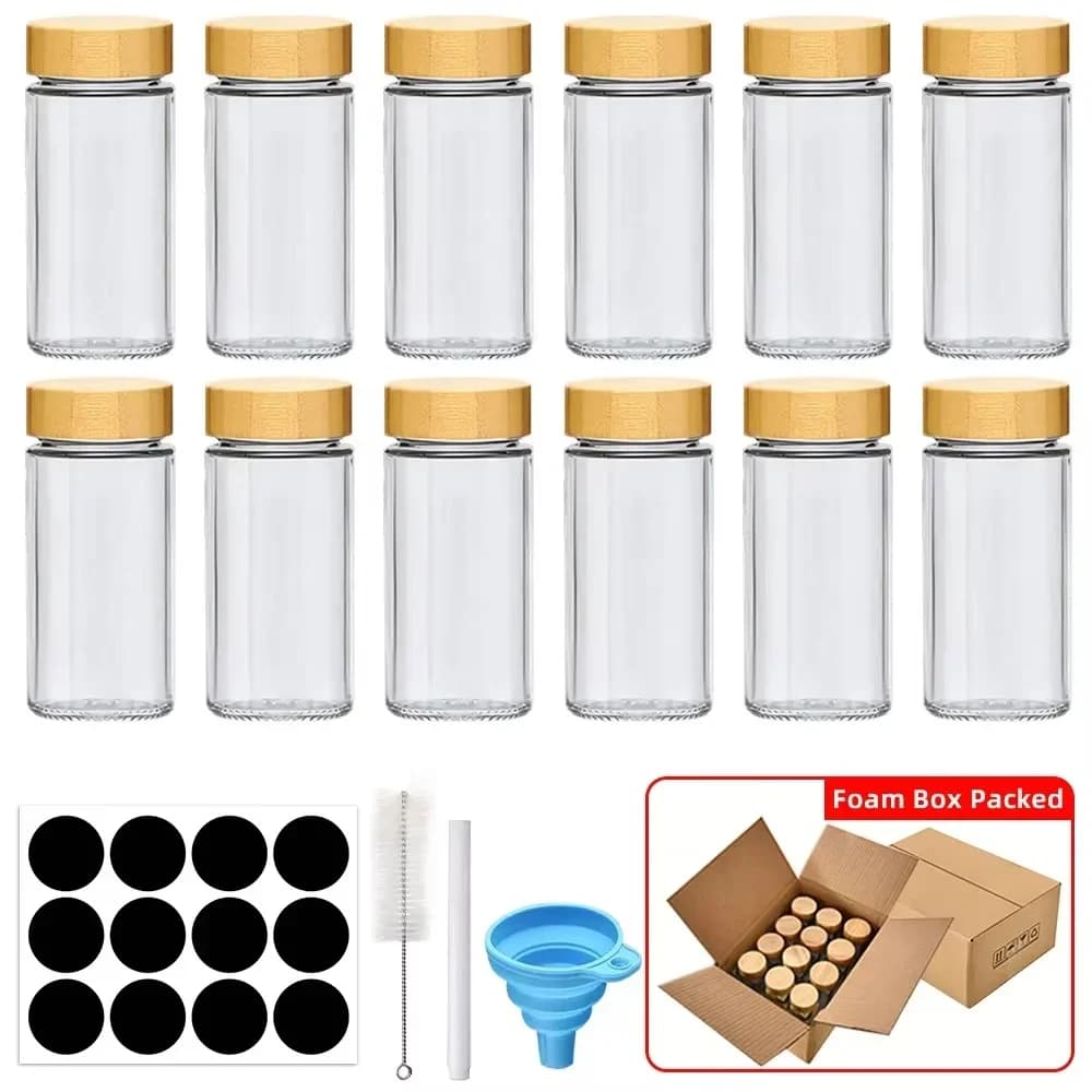 6/12/24-pack kryddburkar i glas med lock, etiketter och tratt