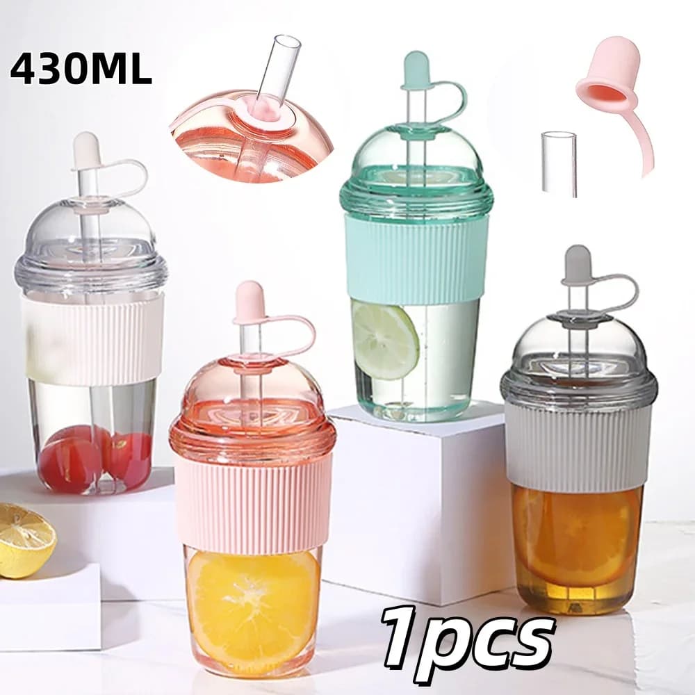 Bärbar plastmugg med sugrör 430 ml