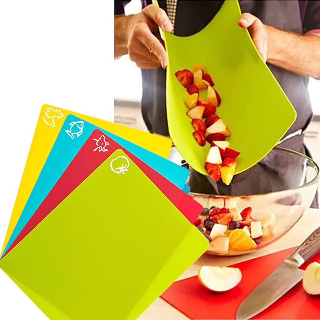 Flexibla skärbrädor i plast med matikoner, 4-pack